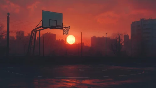 Sunset city court glowing with quiet basketball memories.