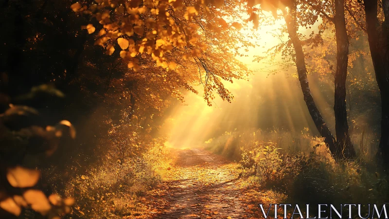Golden sunrise light streams through quiet autumn forest path