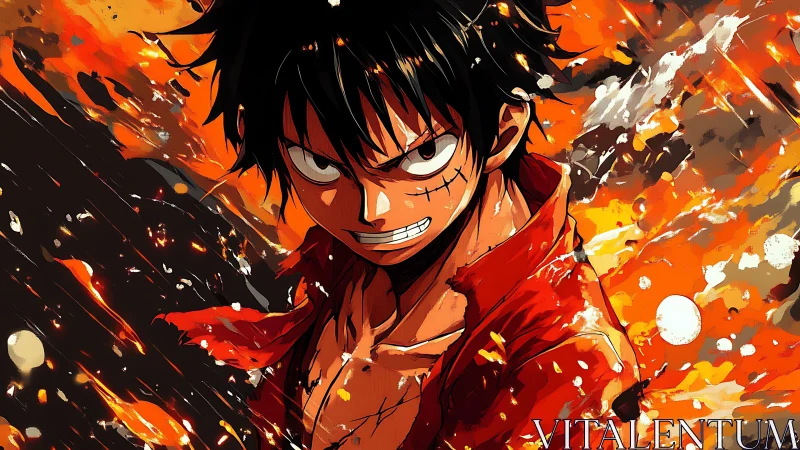 Male anime fighter amid dense orange and black bursts.