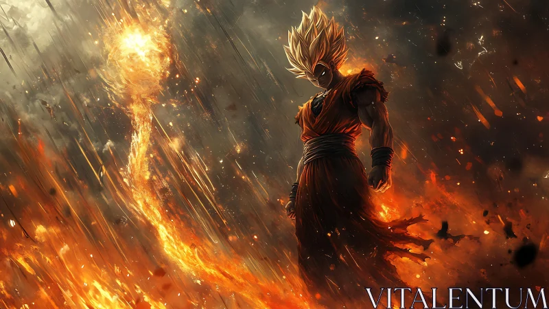 Fiery warrior rising through storm-lit falling embers.