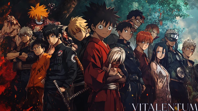 Group of anime characters assembled in a dense horizontal lineup