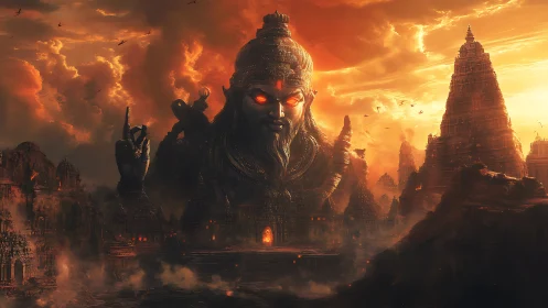 Colossal deity statue above fortified temple city at dusk.