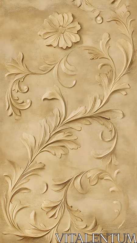 Relief floral ornament with scrolling leaves on beige surface.