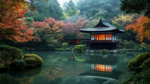 Japanese lakeside pavilion reflects on still water at dusk