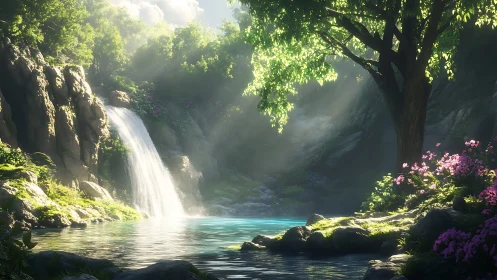 Sunlit forest waterfall invites quiet moments of gentle wonder