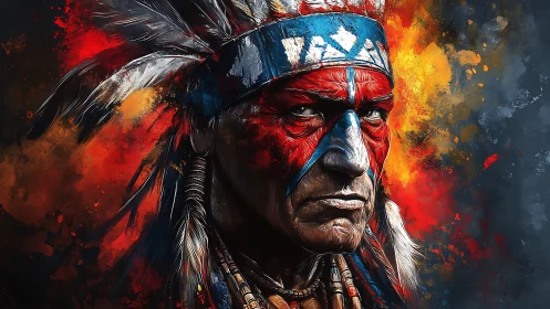 Portrait of an Indigenous elder with painted face and headdress.