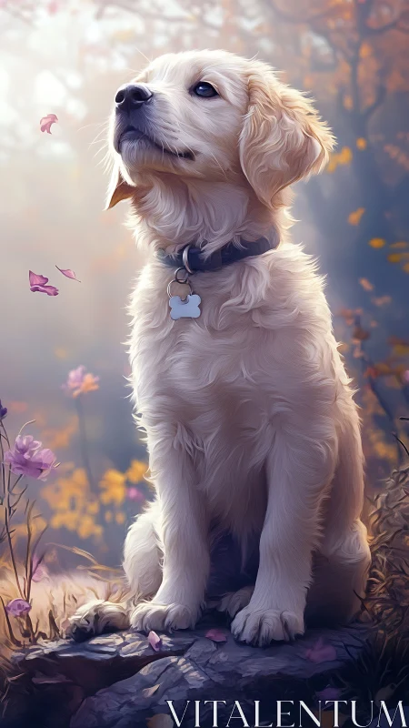 Golden retriever puppy sits in soft autumn forest light