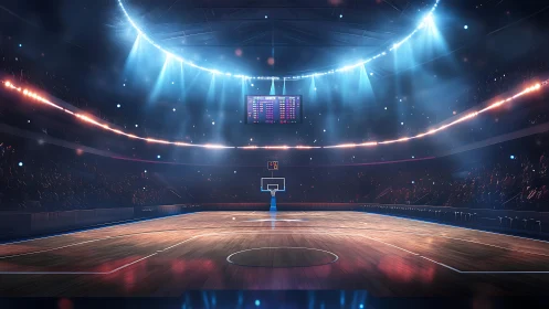 Indoor basketball arena court is illuminated by overhead lights