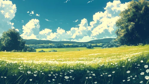 High-chroma wildflower meadow under cumulus-rich summer sky