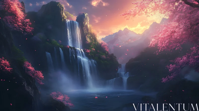 Layered waterfalls under pink blossom canopy at sunset glow