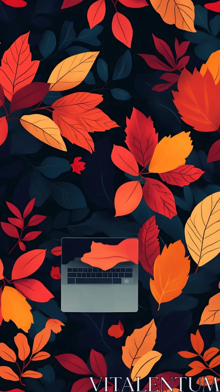 Laptop rests among vibrant autumn leaves on dark backdrop