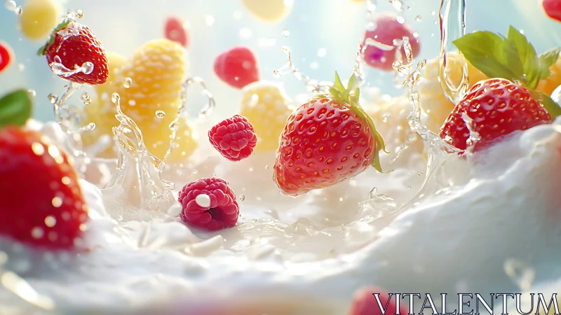 Juicy summer berries splashing into creamy fresh milk.