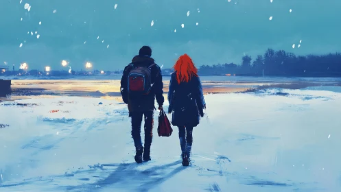 Couple crosses winter airfield under distant runway lights.