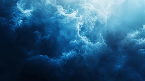 Abstract blue cloudscape with ethereal lighting and dramatic depth.