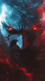 Fierce elemental warrior with blazing eyes of fire and ice.