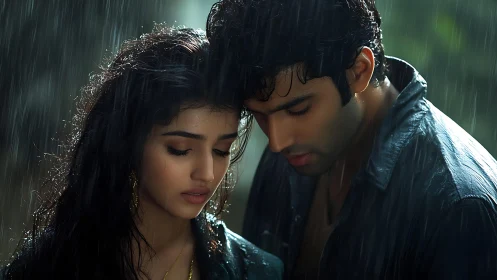 Two figures positioned closely in rainfall environment