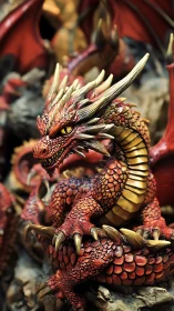 Crimson crown dragon coils in ember-lit hoard of stone and gold.