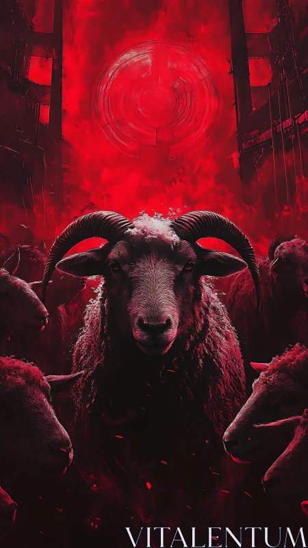 Ominous ram leader under blood-red apocalyptic sky.