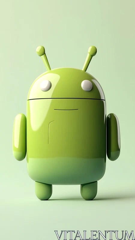 Glossy green robot mascot stands in soft mint daydream.