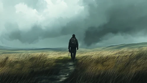 Lone figure walks along narrow path under dense storm clouds