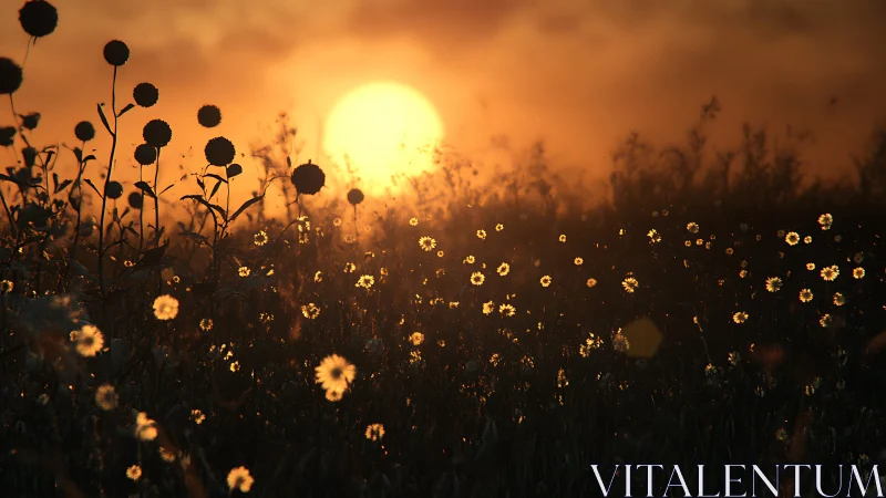 Backlit wildflower meadow glowing in low sunset haze.