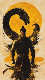 Samurai silhouette with dragon form against yellow sun circle.