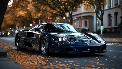 Photorealistic supercar portrait in autumn urban streetscape.