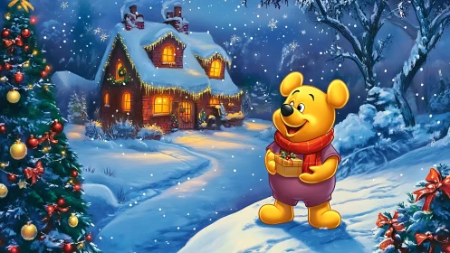 Cartoon bear holding gift in illuminated snowy Christmas landscape