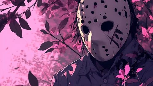 Masked killer stands amid neon pink cherry blossoms.