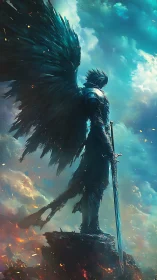 Dark winged warrior stands vigilant beneath stormlit skies.