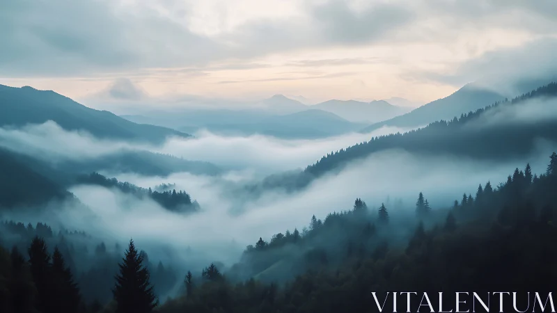 Gentle morning mist drifting through quiet blue mountains.