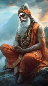 Mountain sage in saffron robes under dramatic dawn sky.