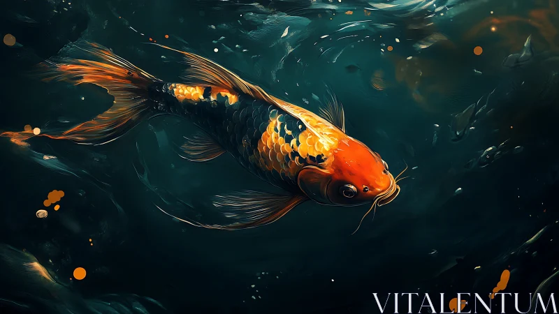 Orange and black koi swimming through dark teal water.