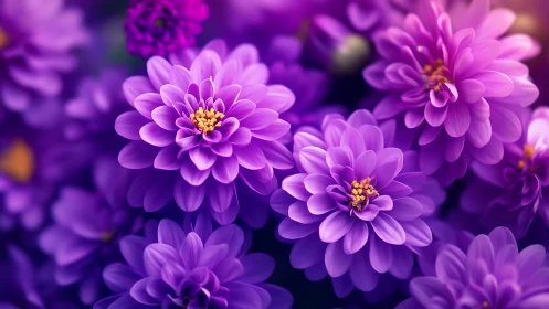 Purple Dahlias with Golden Centers in Soft Focus Bloom