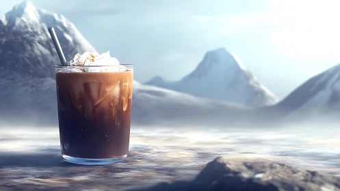 Iced cola beverage with whipped cream atop crystalline mountain landscape.