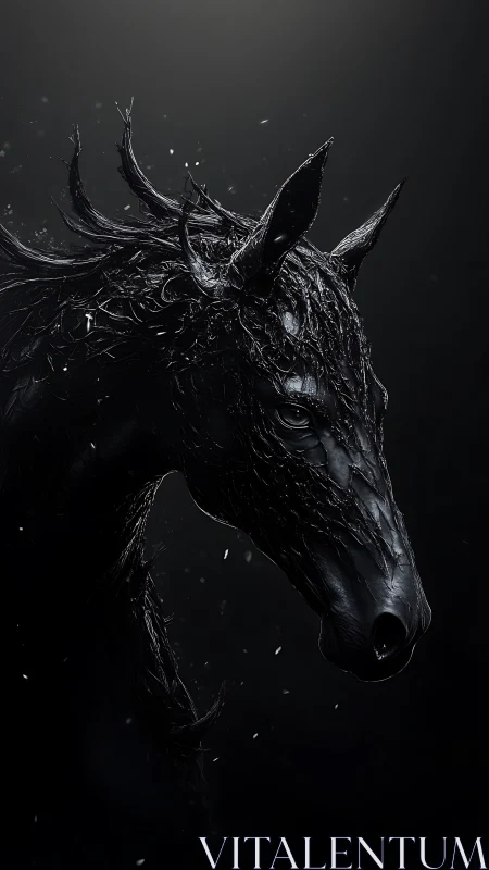 Dark sculptural horse head in textured organic forms.