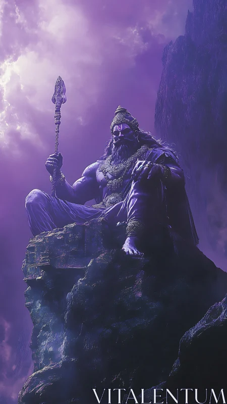 Majestic purple warlord rests on a stormy mountain throne
