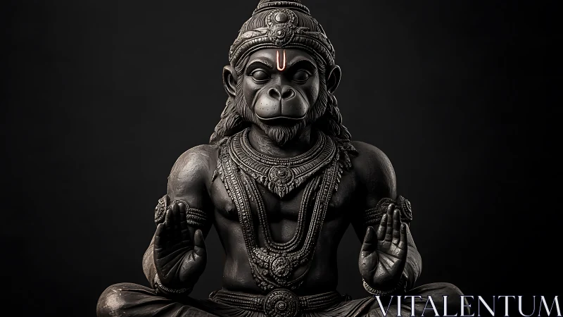 Dark-toned simian deity statue seated in meditative posture.