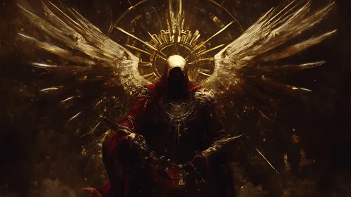 Warlike seraph broods beneath a shattered golden halo