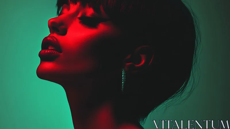 Side profile portrait under red and green studio lighting.