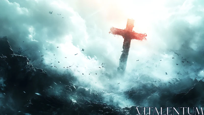 Solitary stone cross pierces storm clouds with radiant light