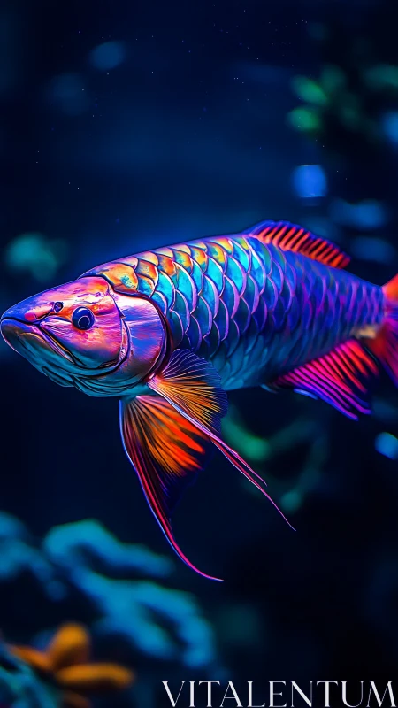 Neon arowana swims through deep blue aquarium glow