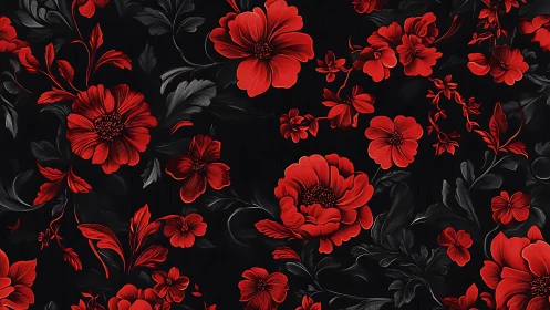 Red Floral Pattern on Black Background with Botanical Details