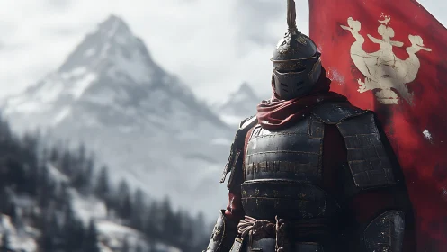 Armored medieval standard bearer before snow-covered alpine peak