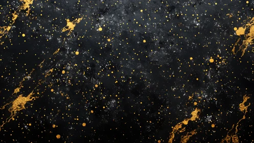Golden splatter constellations on deep black canvas background.
