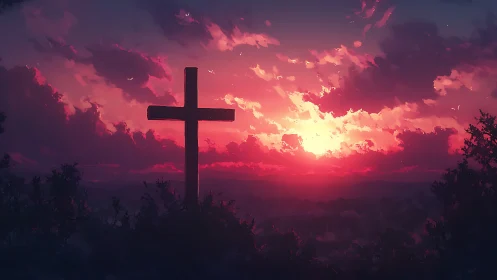 Silhouette cross under red sunset sky and distant hills.