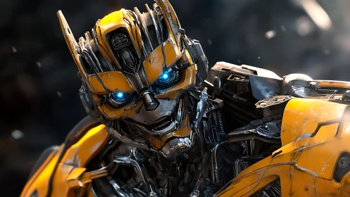 Cinematic close-up of yellow combat mech with luminous optics