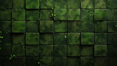 Moss covered square tiles with scattered foliage detail.