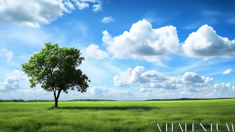 Solitary green tree in expansive flat meadow under clouds.