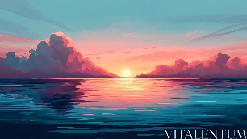 Digital seascape with low sun, stratified clouds, and reflections.